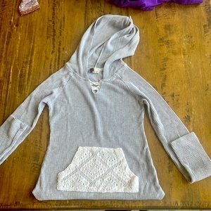 Grey hooded sweater with lace pocket!